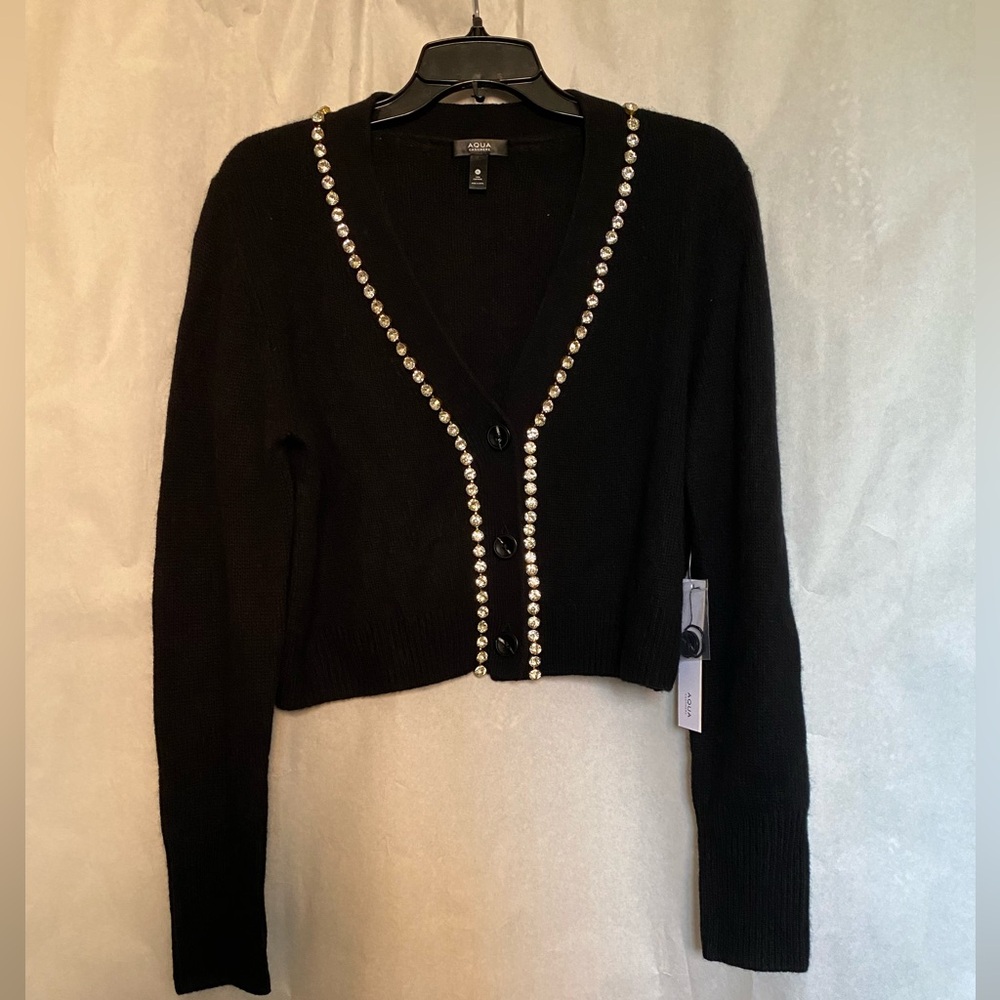 Aqua Black Cashmere V-Neck Cardigan with Rhinestone Trim - Picture 6 of 9